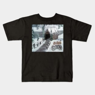 Covered Bridge Country Winter Art Snow on Pines Landscape Snowy Scene Home Décor Gift Kids T-Shirt